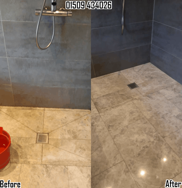 Marble shower cubicle cleaning, grout re-colouring and silicone replacement in Cotes, Loughborough & Leicestershire 01509 434026